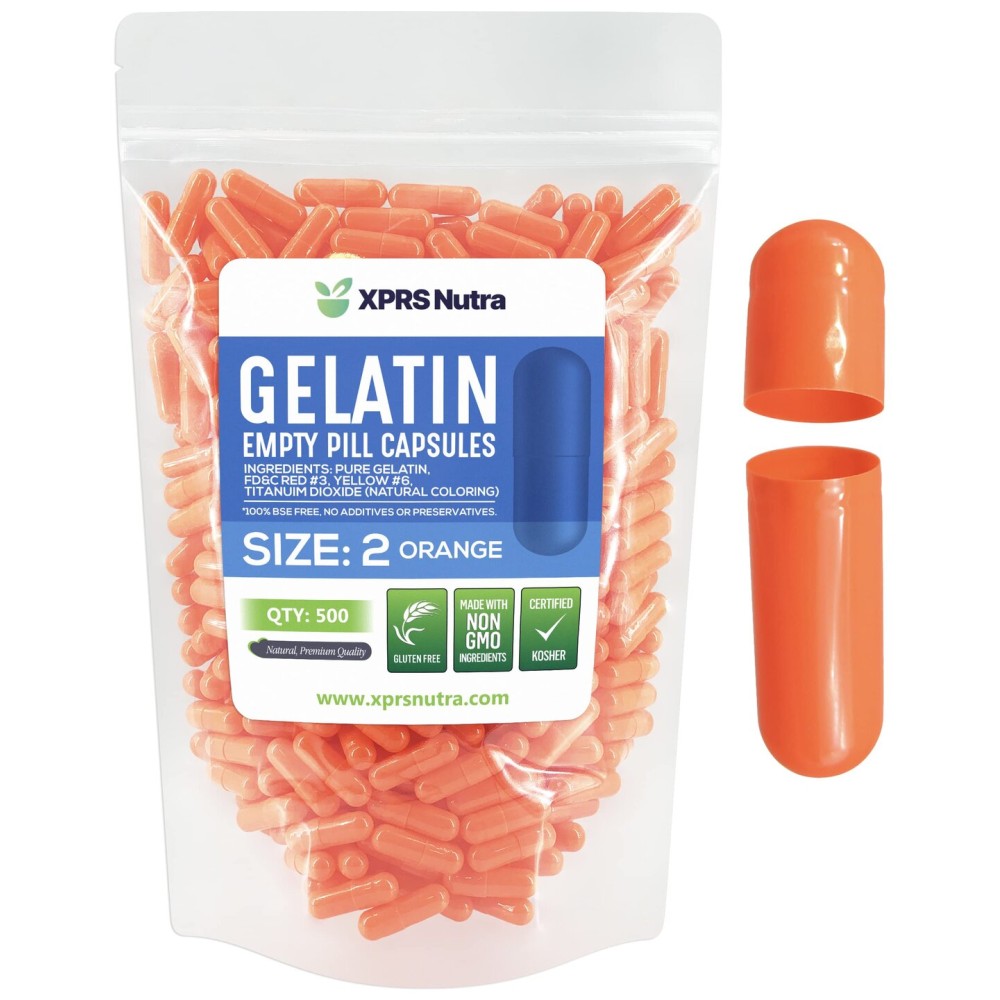 XPRS Nutra Size 2 Empty Capsules - 500 Count Empty Gelatin Capsules - Pills DIY Capsule Filling - Pure Bovine Pill Gel Caps for Do-It-Yourself Supplements (Orange)