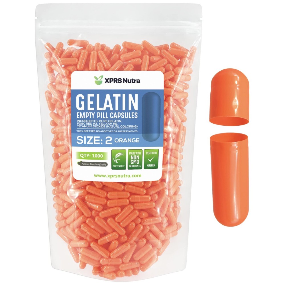 XPRS Nutra Size 2 Empty Capsules - 1000 Count Empty Gelatin Capsules - Pills DIY Capsule Filling - Pure Bovine Pill Gel Caps for Do-It-Yourself Supplements (Orange)