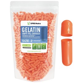 XPRS Nutra Size 2 Empty Capsules - 1000 Count Empty Gelatin Capsules - Pills DIY Capsule Filling - Pure Bovine Pill Gel Caps for Do-It-Yourself Supplements (Orange)