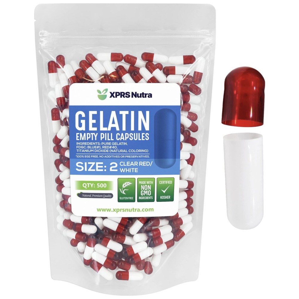 XPRS Nutra Size 2 Empty Capsules - 500 Count Empty Gelatin Capsules - Pills DIY Capsule Filling - Pure Bovine Pill Gel Caps for Do-It-Yourself Supplements (Clear Red/White)