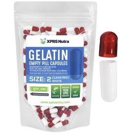 XPRS Nutra Size 2 Empty Capsules - 100 Count Empty Gelatin Capsules - Pills DIY Capsule Filling - Pure Bovine Pill Gel Caps for Do-It-Yourself Supplements (Clear Red/White)