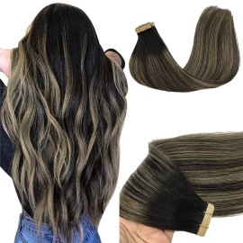 GOO GOO Tape in Hair Extensions Human Hair, 1B/19/1B Natural Black to Light Blonde, 18inch 50g 20pcs, Skin Weft Seamless Invisible, Silky Straight with Thick Ends, Remy Human Hair