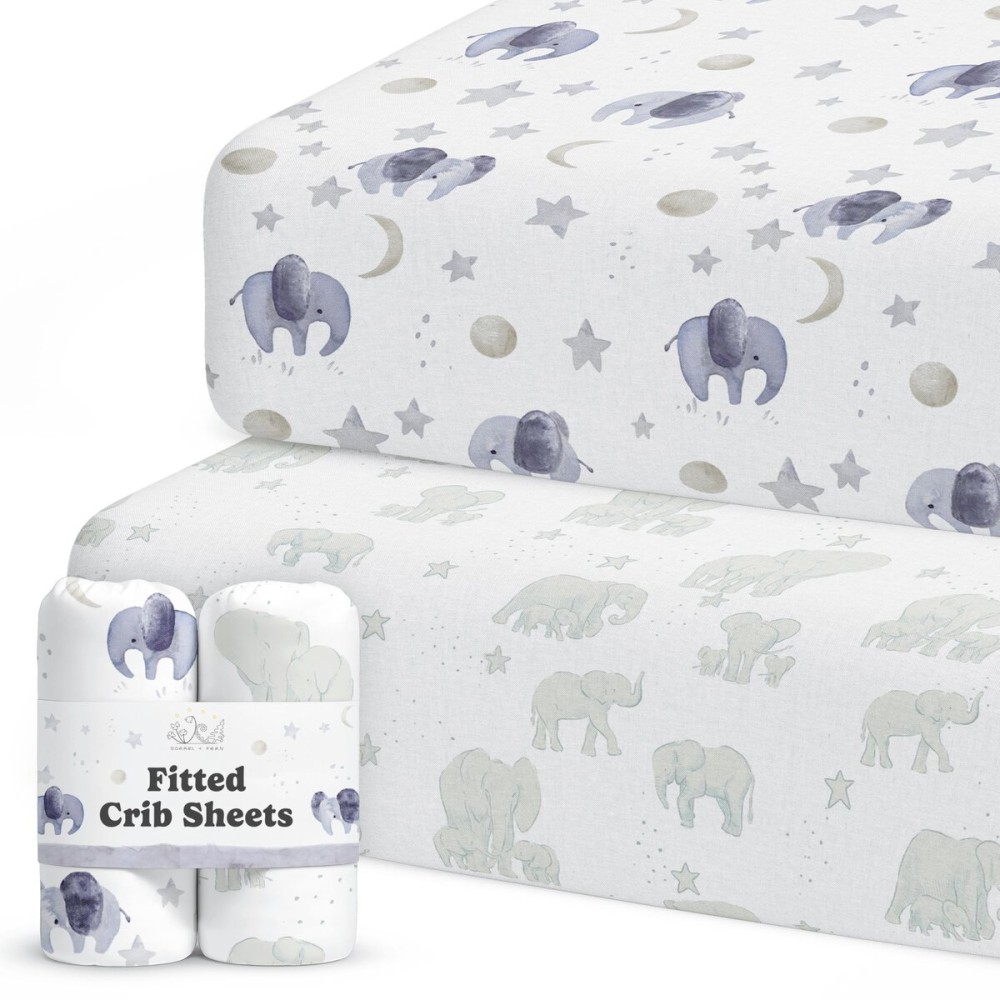 Crib Sheets Neutral - Fitted Baby Crib Sheets Bed for Girl Boy - 2 Pack Standard & Toddler Mattress (Watercolor Elephants) - Buttery Soft Organic Cotton Blend