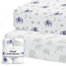 Crib Sheets Neutral - Fitted Baby Crib Sheets Bed for Girl Boy - 2 Pack Standard & Toddler Mattress (Watercolor Elephants) - Buttery Soft Organic Cotton Blend