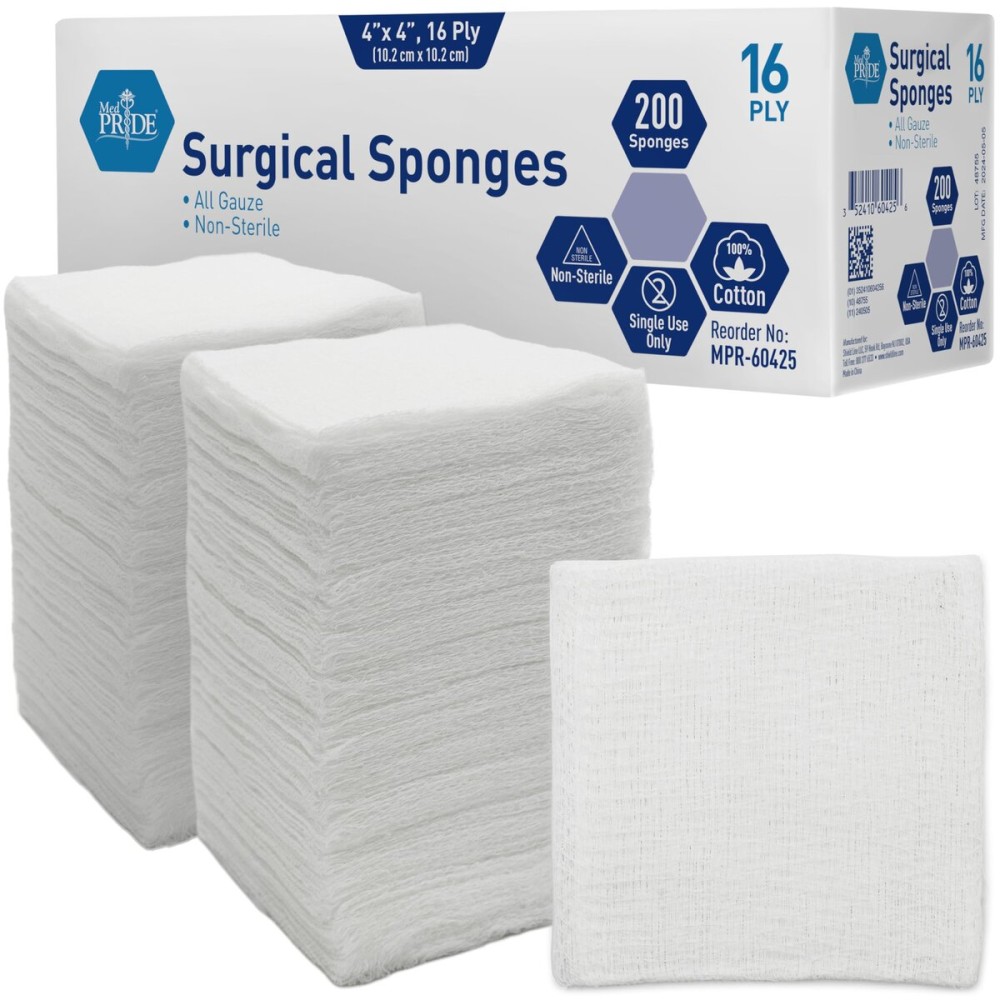MED PRIDE All Cotton Non-Stick Bandage Supplies 4x4in Premium Quality Surgical Sponges 200 Pack 4\'\' x 4\'\', 16 ply-Gauze Pads Non sterile -First Aid Wound Care Dressing Sponge -Woven Medical Nonstick