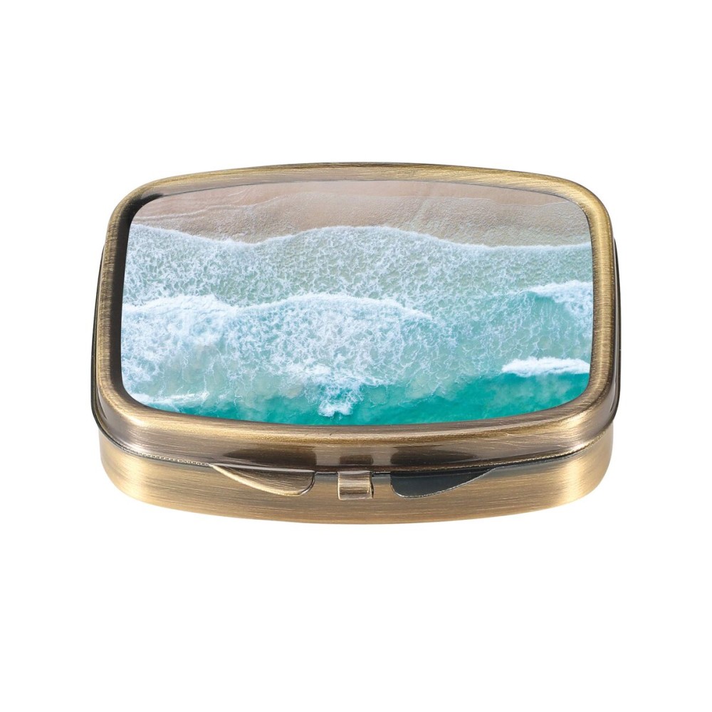 Dynippy Pill Case Pill Box with Mirror Retro Pocket 2 Compartment Medicine Case Vitamin Pill Organizer for Pocket Purse and Travel (A-Sandy Beach)