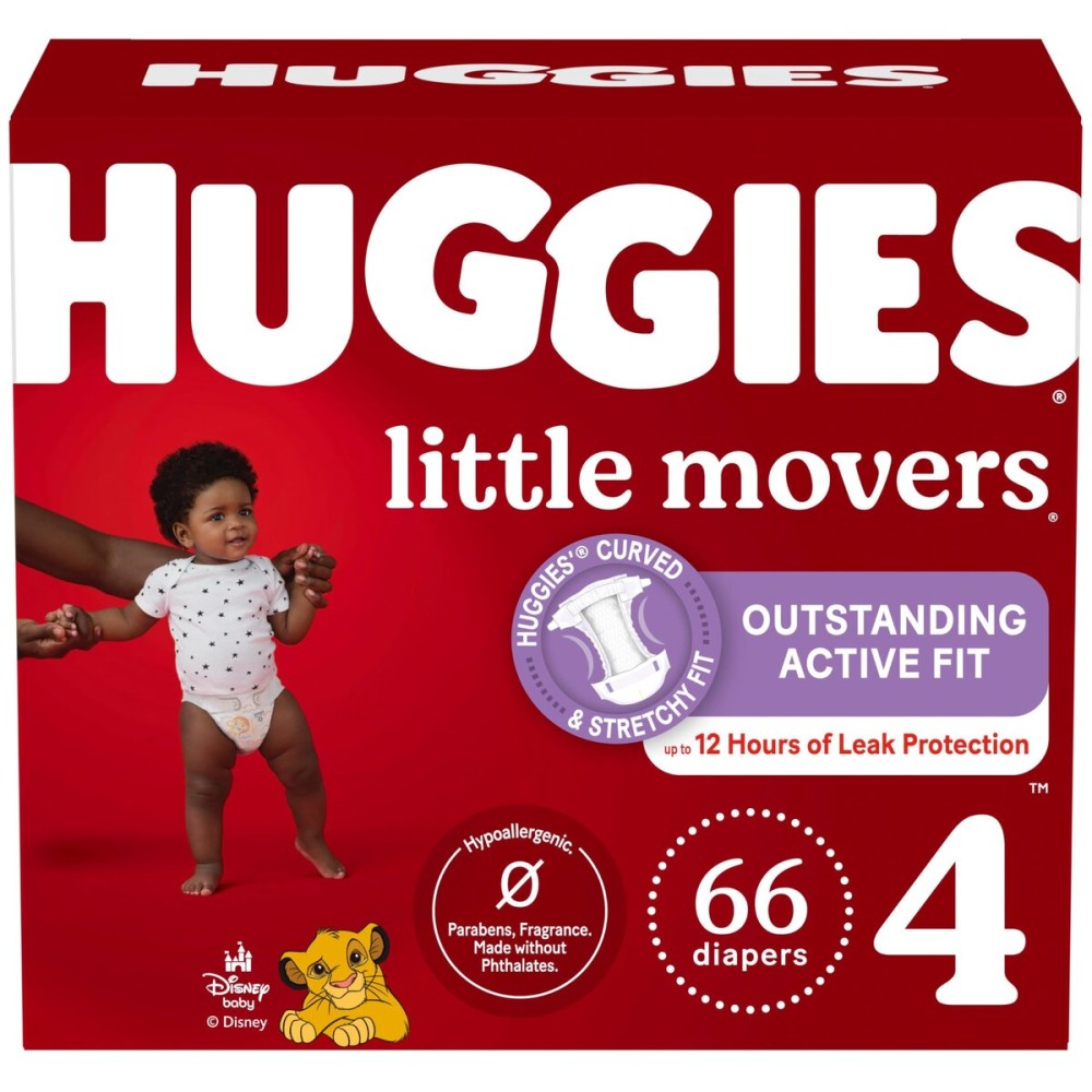 Huggies Little Movers Baby Diapers, Size 4 (22-37 lbs), 66 Ct, Packaging May Vary