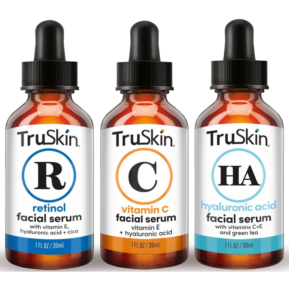 TruSkin Face Serum Trio - Hyaluronic Acid, Vitamin C & Retinol Serum for Face - Anti Aging Skin Care Set for Women - Skincare for Bright, Smooth, Hydrated & Firmer-Looking Skin, 1 fl oz, 3 Bottles