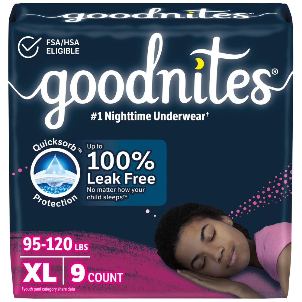 Goodnites Girls\' Nighttime Bedwetting Underwear, Size Extra Large (95-120 lbs), 9 Ct, Packaging May Vary