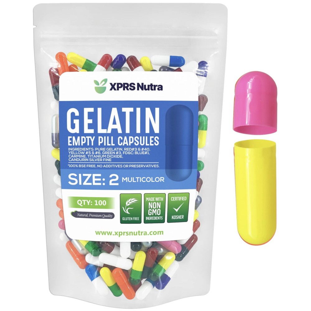 XPRS Nutra Size 2 Empty Capsules - 100 Count Empty Gelatin Capsules - Pills DIY Capsule Filling - Pure Bovine Pill Gel Caps for Do-It-Yourself Supplements (Multi Color)