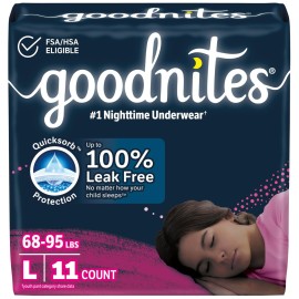 Goodnites Girls\' Nighttime Bedwetting Underwear, Size Large (68-95 lbs), 11 Ct, Packaging May Vary
