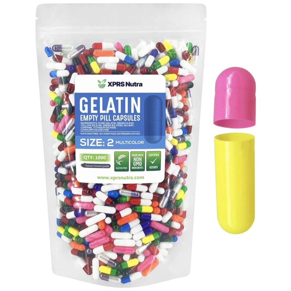 XPRS Nutra Size 2 Empty Capsules - 1000 Count Empty Gelatin Capsules - Pills DIY Capsule Filling - Pure Bovine Pill Gel Caps for Do-It-Yourself Supplements (Multi Color)