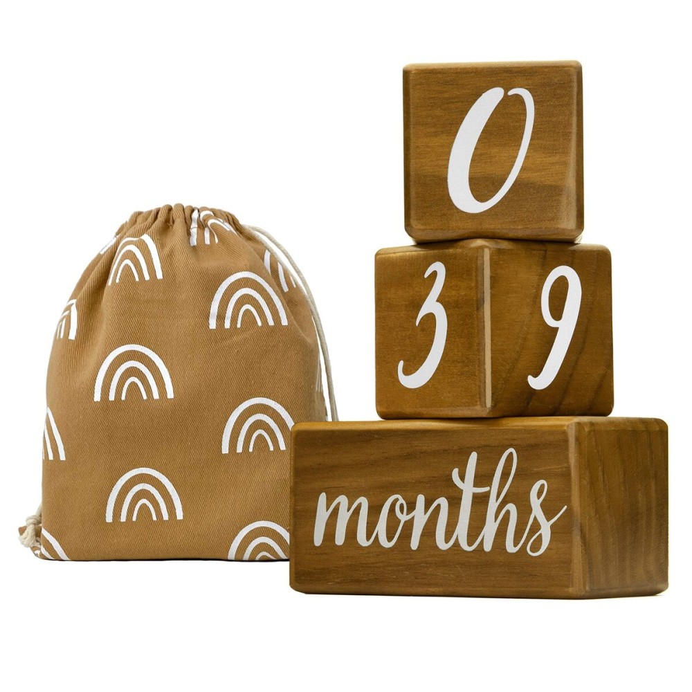 Pondering Pine Baby Milestone Blocks - Natural Pine Wood with Weeks Months Years Grade - Milestones Age Block Set with Boho Rainbow Bag, Newborn Weekly Monthly First Year Picture Props, Earth Friendly