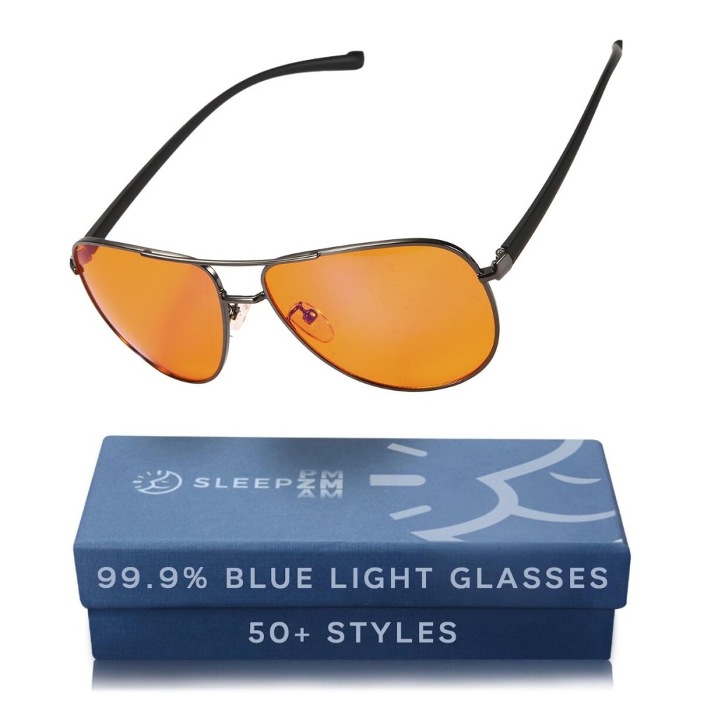 Sleep ZM Blue Light Blocking Glasses for Women + Men - Better Sleep + Anti Eye Strain Protection - Computer Screens & Gaming - Metal Aviator - 99% Night-time Amber Lens