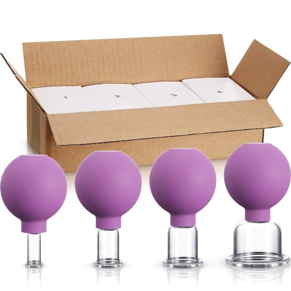 BBTO 4 Pieces Glass Cupping Set Glass Silicone Cupping Cups Massage Vacuum Suction Cupping Cups for Body Face Leg Arm Back Shoulder Muscle and Joint Pain (Purple)