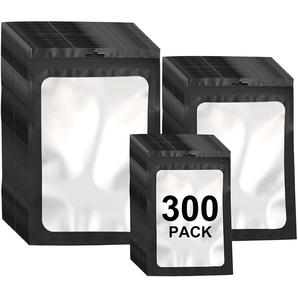 300 Pack 3 Sizes Resealable Mylar Bags Food Storage Smell Proof Bags with Front Window Packaging Pouch for Sample Snack Cookies Jewelry (Black, 3 x 4.7 inch,4 x 6 inch,4.7 x 7.9 inch)