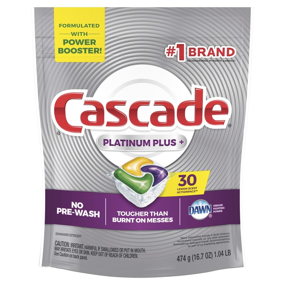 Cascade Platinum Dishwasher Pods, Actionpacs Dishwasher Detergent with Dishwasher Cleaner Action, Lemon Platinum Plus, 30 Count