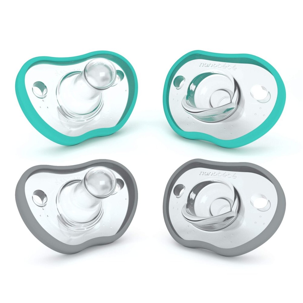 Nanobebe Baby Pacifiers 0-3 Month - Orthodontic, Curves Comfortably with Face Contour, Award Winning for Breastfeeding Babies, 100% Silicone, Baby Registry Gift 4pk,Teal/Grey