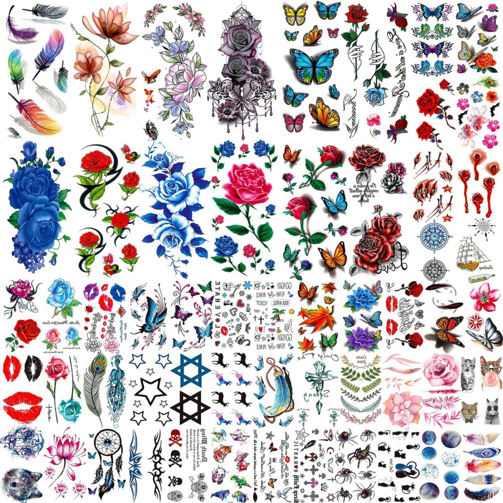 COKTAK 56 Sheets Variety Colorful Rose Flowers Temporary Tattoos For Women, Realistic Feather 3D Butterfly Fake Tattoos Temporary For Girls, Sexy Floral Blossom Branch Arm Neck Face Tatoo Sticker Kit