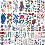 COKTAK 56 Sheets Variety Colorful Rose Flowers Temporary Tattoos For Women, Realistic Feather 3D Butterfly Fake Tattoos Temporary For Girls, Sexy Floral Blossom Branch Arm Neck Face Tatoo Sticker Kit