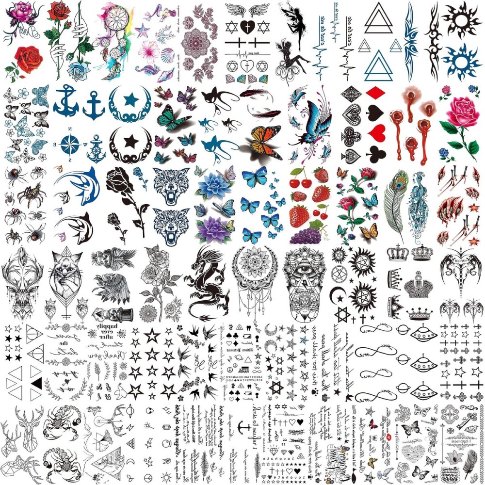 COKTAK 64 Sheets Variety Tiny Waterproof Temporary Tattoos For Men Women, Moon Star Butterfly Birds Planets Fake Tattoos For Kids Adults, Arm Neck Face Letters Temp Tattoo Temporary Tatoos Sticker Set