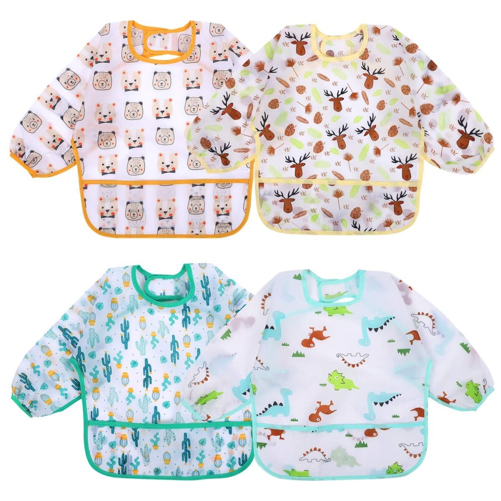 Accmor 4 Pack Long Sleeve Bibs, Baby Smock Waterproof Sleeved Bib Smock for Baby Toddler 24-36 Months