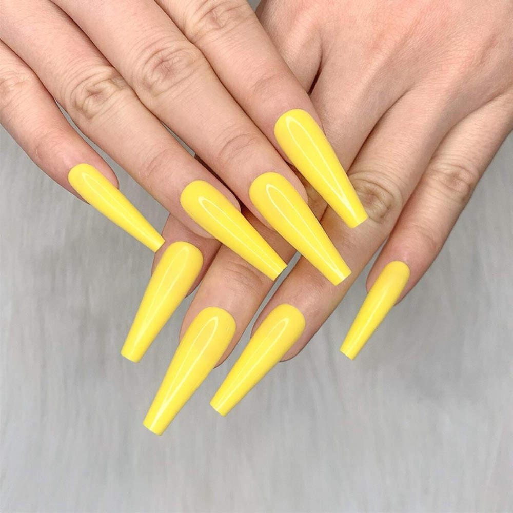 Artquee 24pcs Yellow Pure Color Ballerina Long Coffin Glossy Fake Nails Press on Nail False Tips Manicure for Women (CB-15)