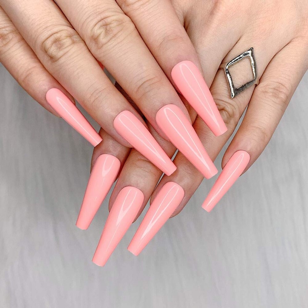 Artquee 24pcs Light Pink Pure Color Ballerina Long Coffin Glossy Fake Nails Press on Nail False Tips Manicure for Women