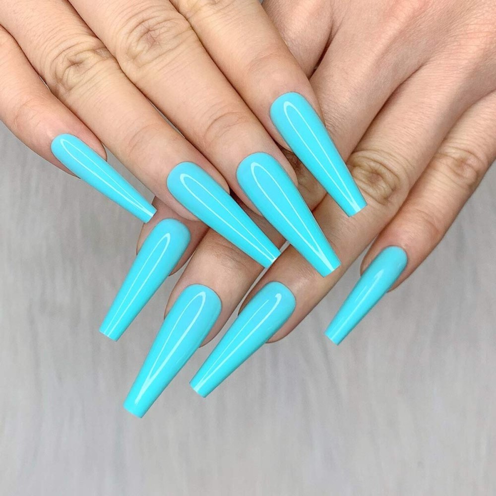 Artquee 24pcs Cyan Blue Pure Color Ballerina Long Coffin Glossy Fake Nails Press on Nail False Tips Manicure for Women