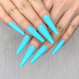 Artquee 24pcs Cyan Blue Pure Color Ballerina Long Coffin Glossy Fake Nails Press on Nail False Tips Manicure for Women