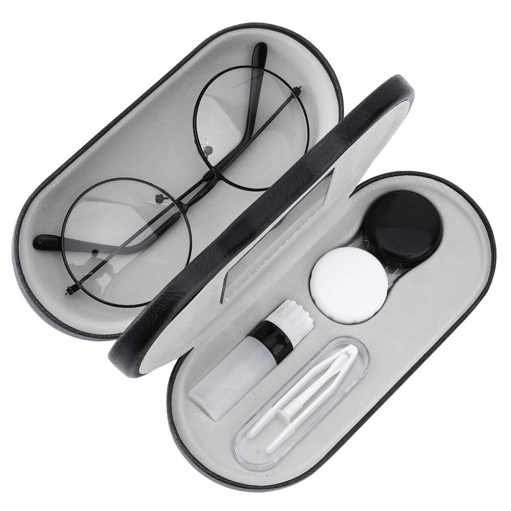 MoKo Double Eyeglass Case, Contact Lens Case with Mirror Tweezers Remover, 2 in 1 Double Sided Portable Contact Lens Box Holder Container Soak Storage Kit Sunglasses Pouch for Men & Women, Black