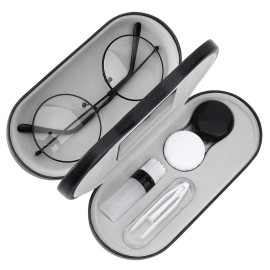 MoKo Double Eyeglass Case, Contact Lens Case with Mirror Tweezers Remover, 2 in 1 Double Sided Portable Contact Lens Box Holder Container Soak Storage Kit Sunglasses Pouch for Men & Women, Black
