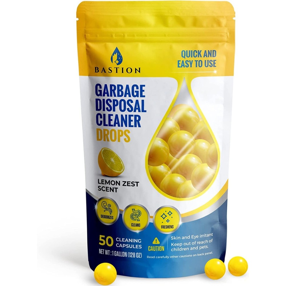 Bastion Garbage Disposal Cleaner and Deodorizer Drops- [[50-Count]] Lemon Zest Scented Kitchen Sink Freshener Pods & Drain Odor Eliminator Disposer Care Balls