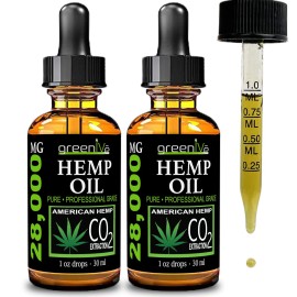 GreenIVe Hemp Oil Drops 28,000mg - Naturally Grown, Vegan, Rich in Omegas - Premium Hemp Oil Dropper - Non-GMO, Made in USA - 30mL (2 Pack)