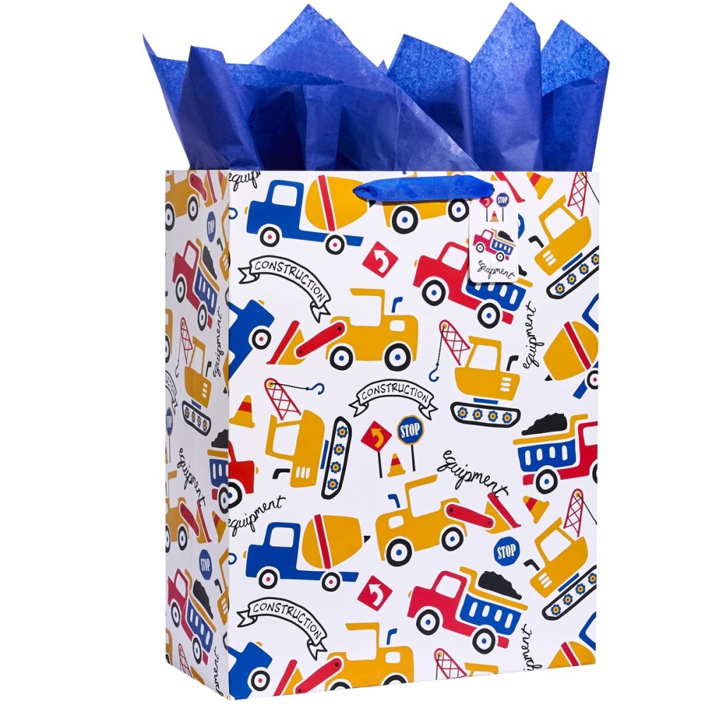 SUNCOLOR Construction Vehicle Pattern Gift Bag with Blue Tissue Paper, Extra Large 15.7x12.6x4.7 Inch, White Paper Bag with Handles for Boys Birthday, Baby Shower