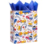 SUNCOLOR Construction Vehicle Pattern Gift Bag with Blue Tissue Paper, Extra Large 15.7x12.6x4.7 Inch, White Paper Bag with Handles for Boys Birthday, Baby Shower