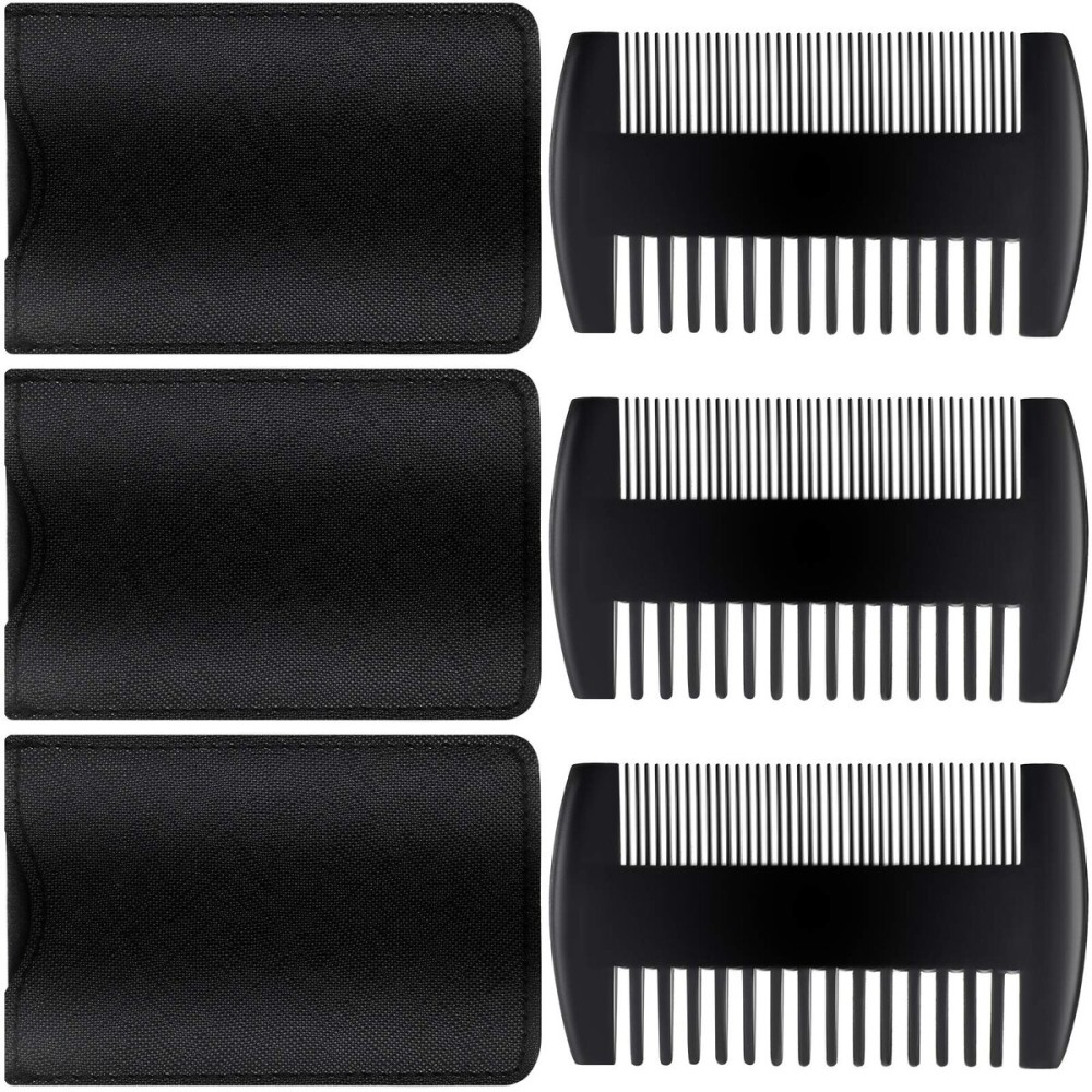 Sandalwood Beard Comb Set with Faux Leather Case - Dual Action Teeth for Mustaches and Beards (Black, 3 Combs + 3 Cases)