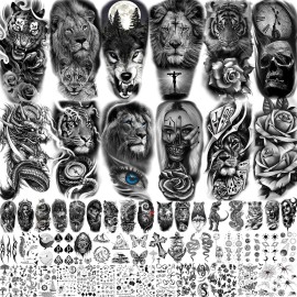 TASROI 61 Sheets Realistic Skull Tiger Wolf Lion Temporary Tattoos For Women Men Arm Sleeve, 3D Halloween Temp Tattoos Adults Compass Black Rose Flower, Bulk Fake Tattoos That Look Real And Last Long