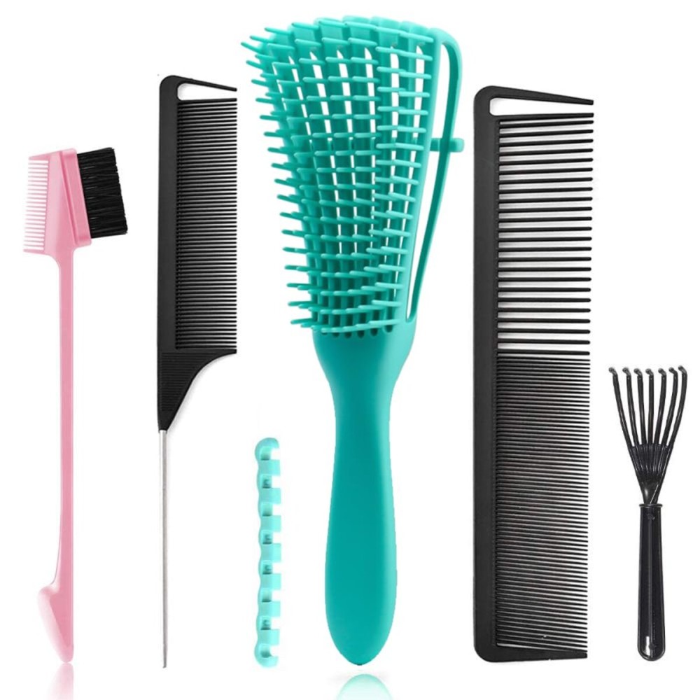 5 Pcs Detangling Hair Brush Set, Ez Detangler Brush With Edge Brush, Rat Tail Combs for Black Natural Hair Styling and Cuting, Curly/Straight/Wet/Dry/long/Short Hair Available for Women Kids Men