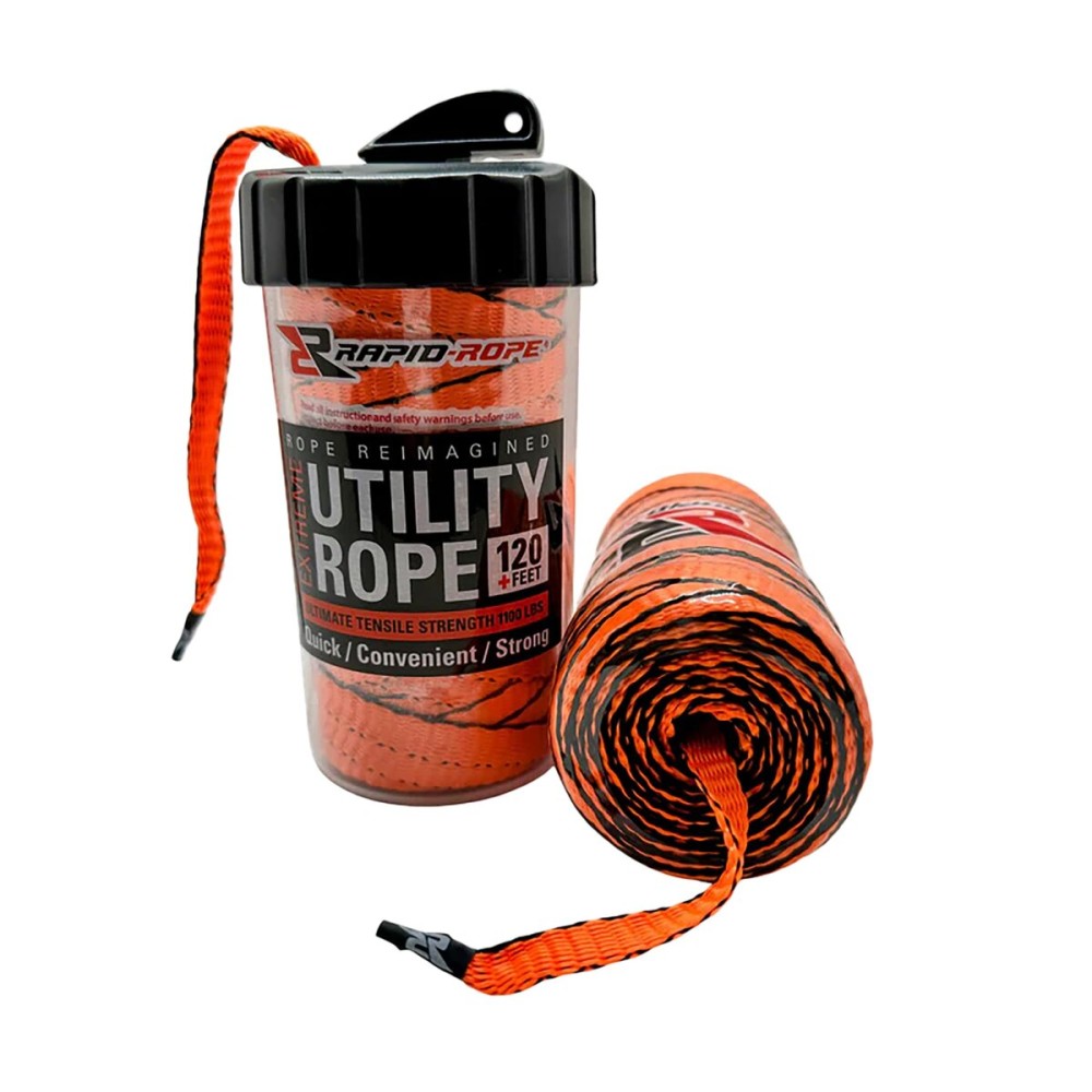 Rapid Rope Canister 120ft Orange Flat Tactical Paracord, Made in USA, 1100lb Tested Heavy Duty Poly Rope Test Cord, Non-Tangle Dispenser Included - Hiking, Camping, Survival, Utility, Climbing