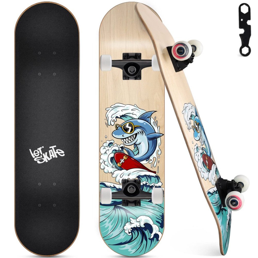 Skateboards for Beginners, 31x8 Complete Skateboard for Kids Teens & Adults, 7 Layer Canadian Maple Wood Double Kick Deck Concave Standard and Tricks Skateboard with All-in-1 Skate Tool
