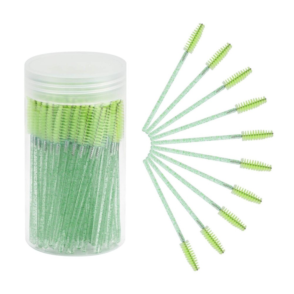 CHEFBEE 100PCS Disposable Eyelash Brush, Mascara Wands Makeup Brushes Applicators Kits for Eyelash Extensions and Eyebrow with Container (Green)