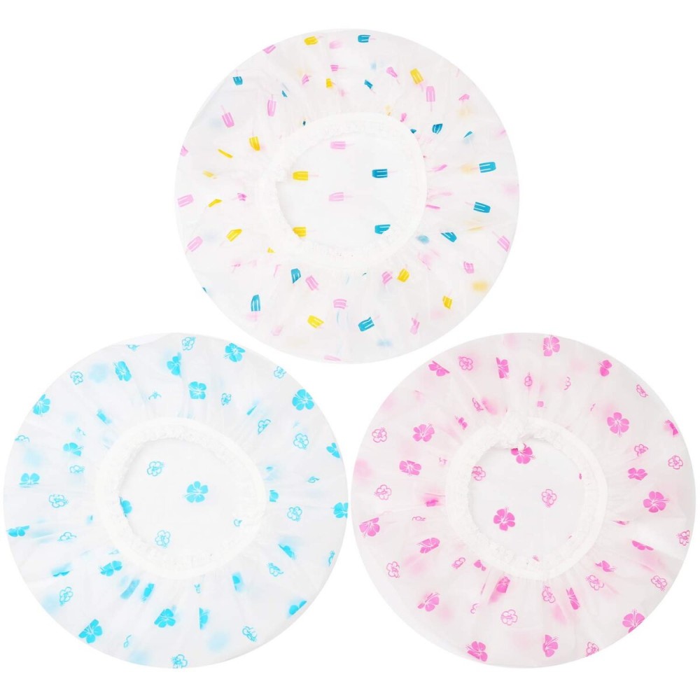 Shower Caps, 3 Pcs Waterproof Bath Caps Plastic Reusable Shower Caps Elastic Band Bath Hair Hat for Women Ladies Spa Salon