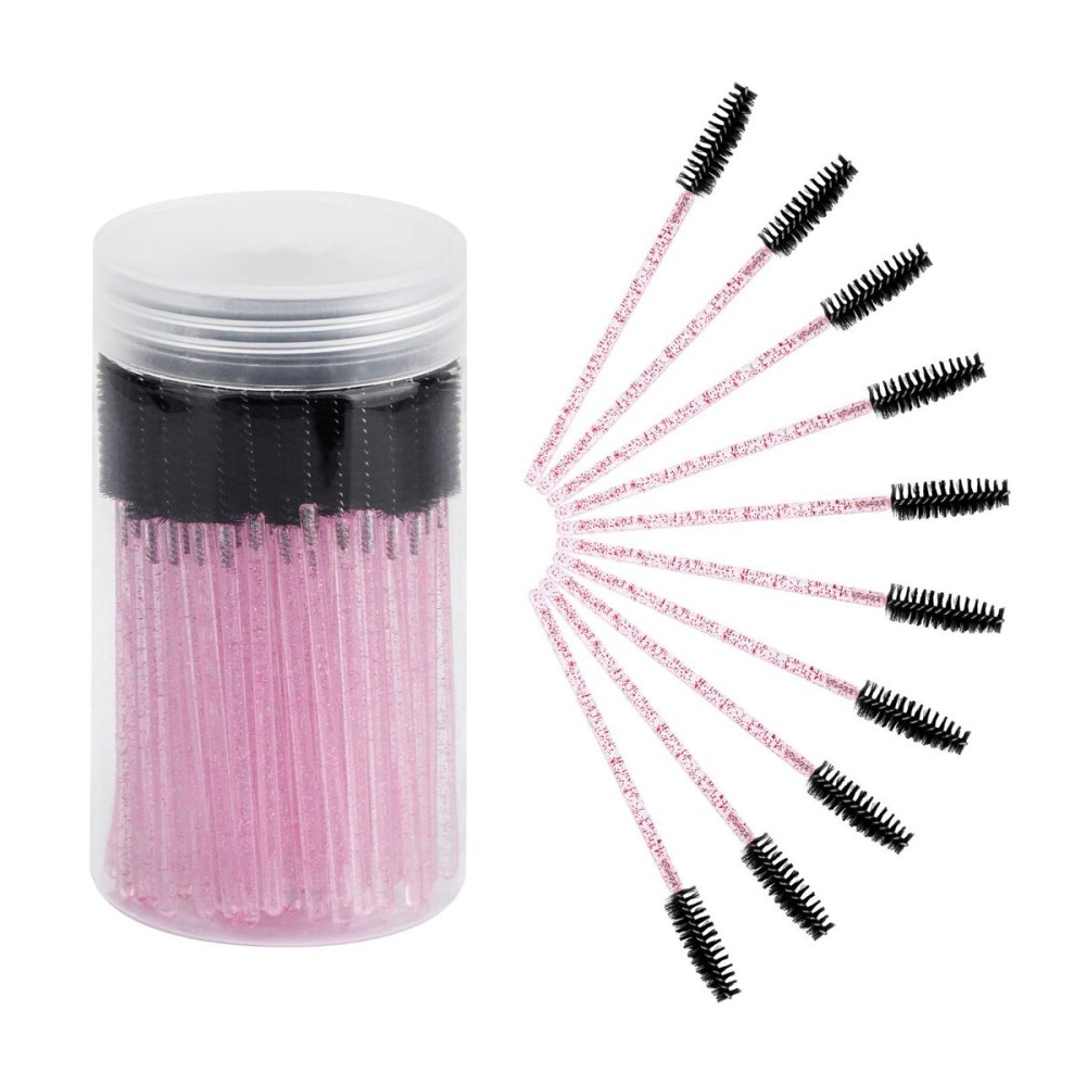CHEFBEE 100PCS Disposable Eyelash Brush, Mascara Wands Makeup Brushes Applicators Kits for Eyelash Extensions and Eyebrow with Container (Pink Black)