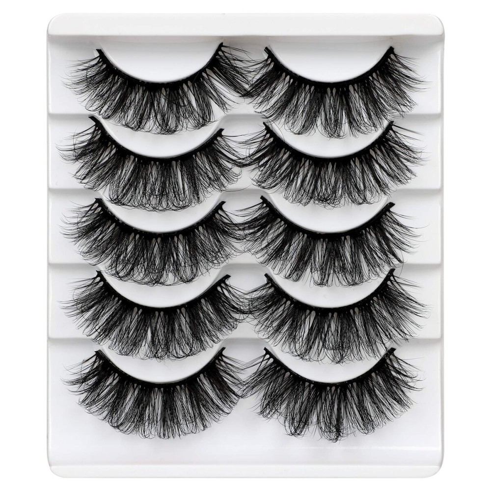 ALICROWN Mink Lashes Faux Wispy Natural Volume Lashes Pack 5D Thick Volume Crossed False Eyelashes Full Handmade 5 Pairs Lashes