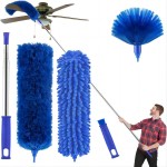 Cobweb Duster with Extension Pole, Washable Cleaning Duster Kit with 3 Duster Heads, Cobweb Duster, Corner Brush, 15-100 Inch Long Aluminum Telescoping Pole for Ceiling Fan (Blue)