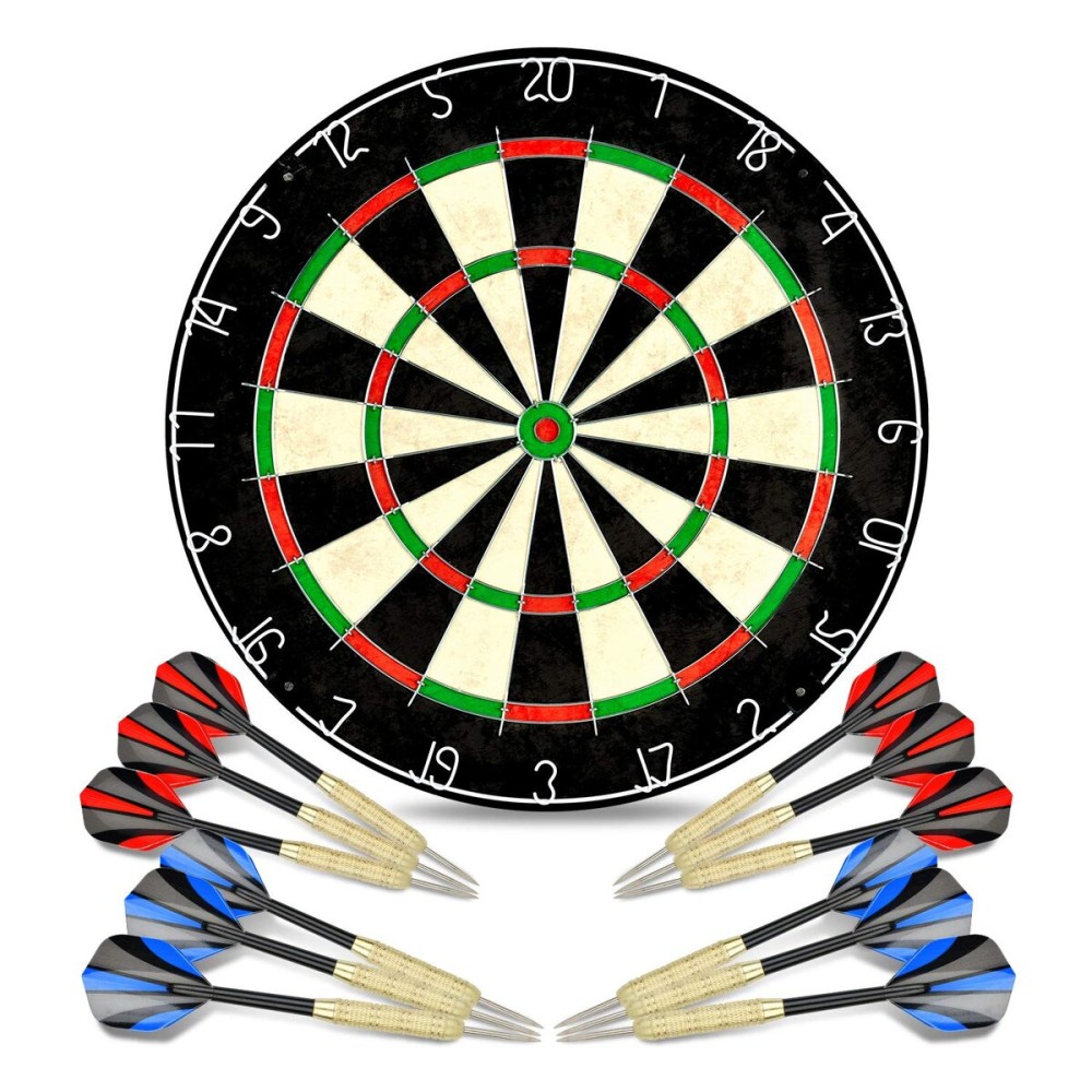 LinkVisions Sisal/Bristle Dartboard with Staple-Free Bullseye and 12 Steeltip Darts Plus Strong Aluminium Shaft, 17.8 1.5, Moundting Kits Included