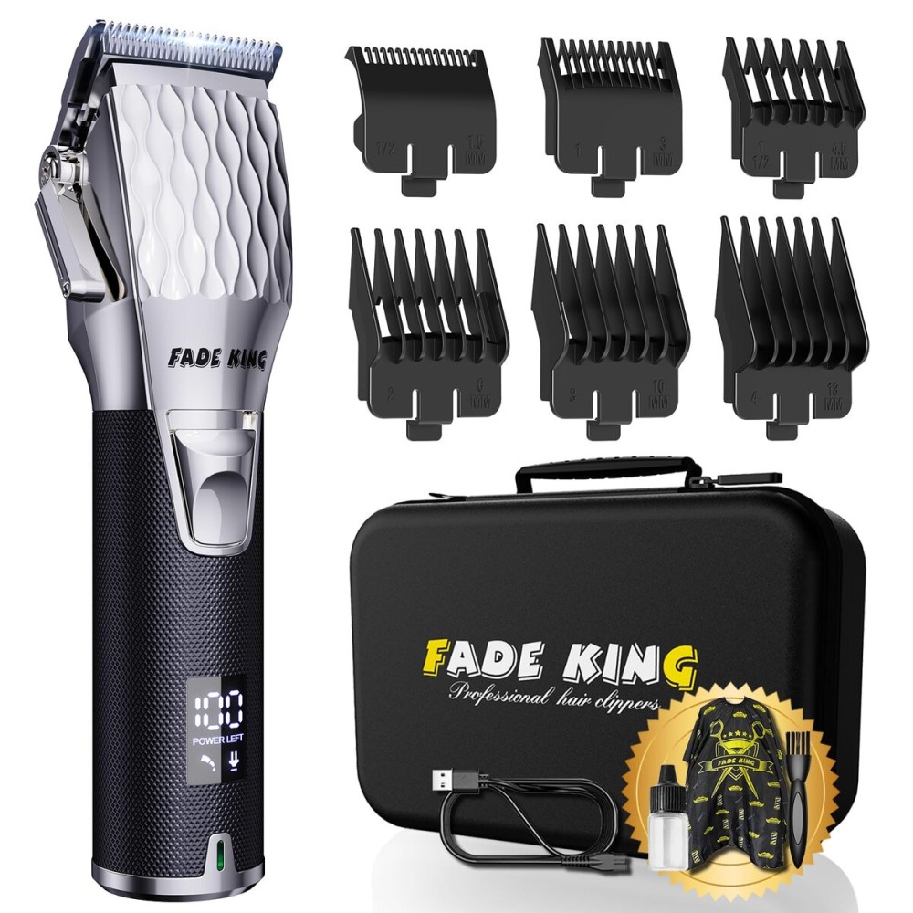FADEKING Professional Hair Clippers for Men - Cordless Hair Clippers, LCD Display Barber Clippers for Hair Cutting & Mens Grooming with Travel Case(Silver+Black)