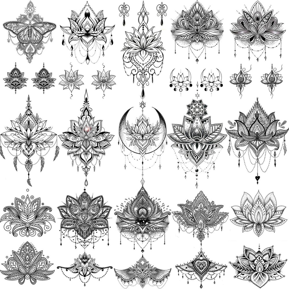 EGMBGM 15 Sheets Sexy Black Lotus Temporary Tattoos For Women Wedding Brides, Tribal Fake Jewelry Pendant Lace Moon Moth Flowers Temp Tattoos Temporary Sticker For Girls Arm Neck Hands Tatoos Jewels