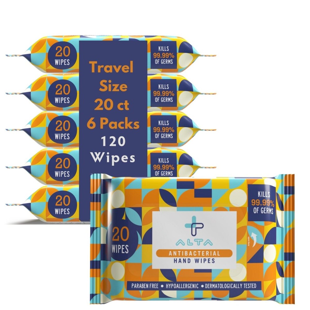 ALTA + Alcohol Free Hand Sanitizing Wipes, Travel Size, 20 Wipes, 6 Packs, Total 120 Pieces